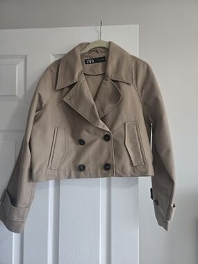 ZARA Cropped Double Breasted Trench Jacket Beige Khaki Size Small